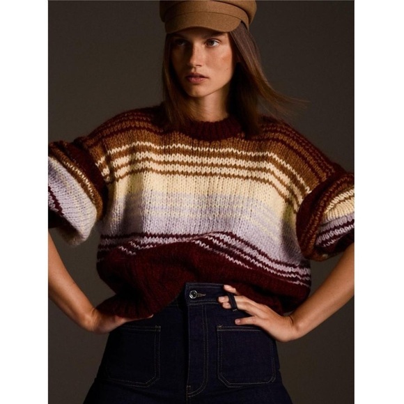 Zara Stripe Knit Sweater Balloon Sleeve Wool Alpaca Burgundy Rust Lavender Cream - Picture 2 of 11